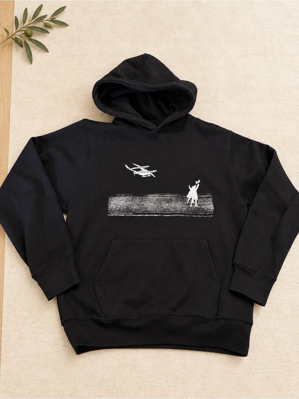 Men's Black Graphic Pullover Hoodie with Plane & Figure Print